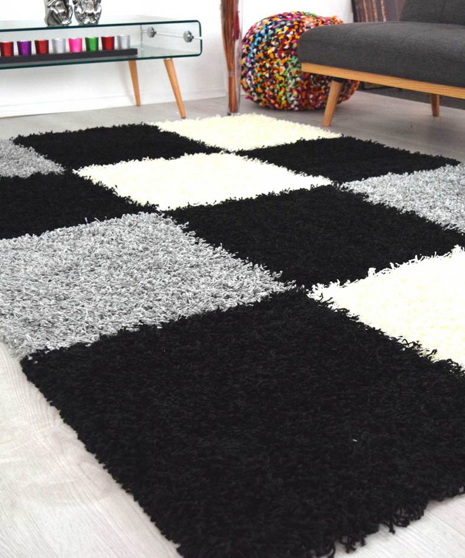 Black & Grey Checked Thick Shaggy Rug - California-Bargainia.com