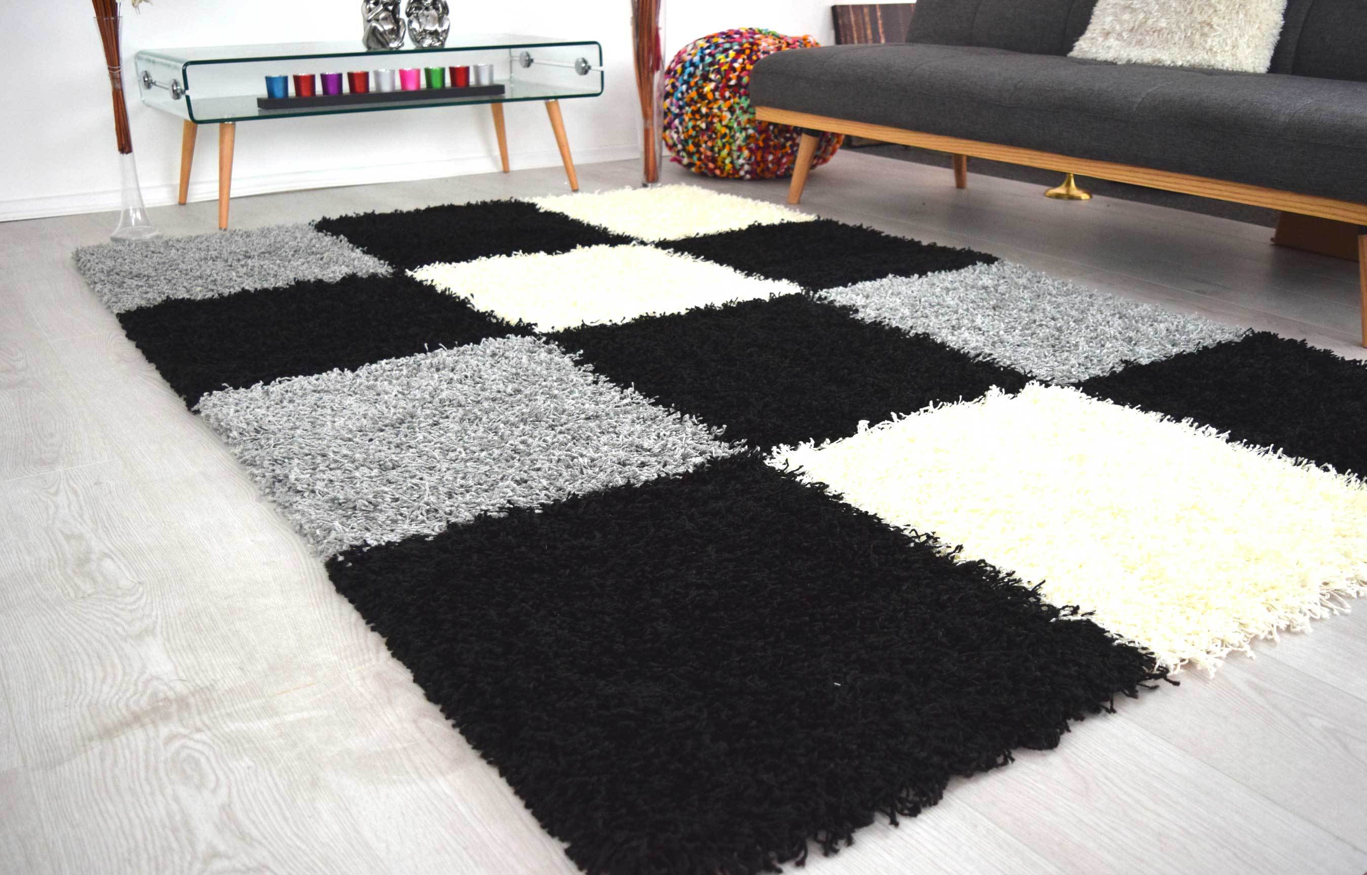 Black & Grey Checked Thick Shaggy Rug - California-Bargainia.com