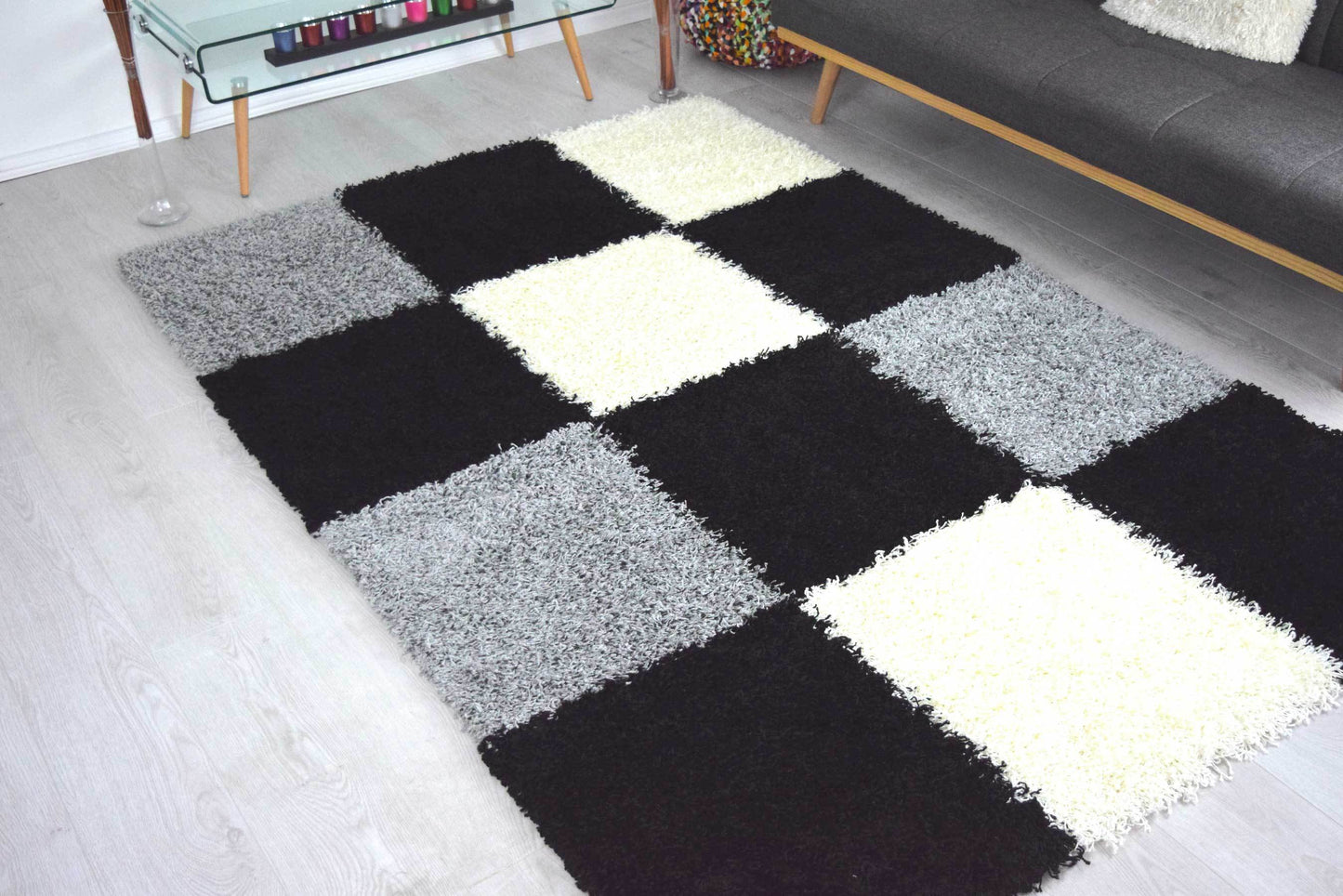 Black & Grey Checked Thick Shaggy Rug - California-Bargainia.com