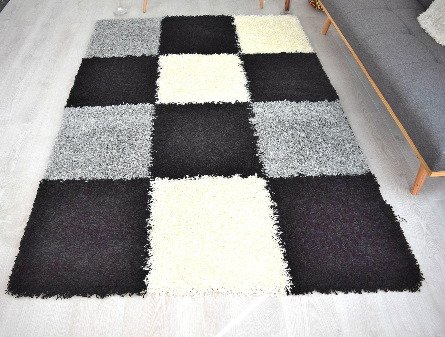 Black & Grey Checked Thick Shaggy Rug - California-Bargainia.com