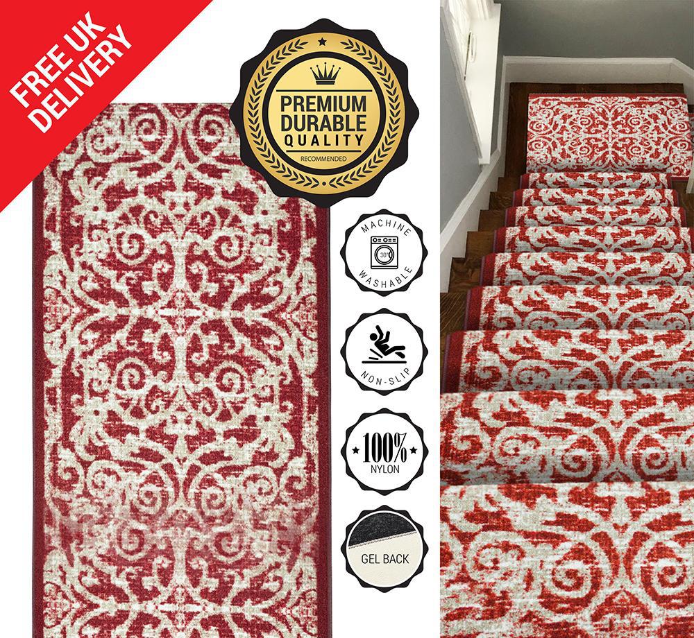 Hard Wearing Non-Slip Kitchen Runner Mat - Red Filigree-Bargainia.com