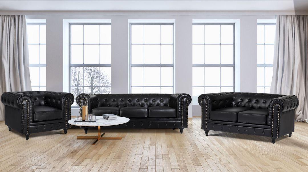 Faux Leather Chesterfield Sofa Suite - Black-Bargainia.com