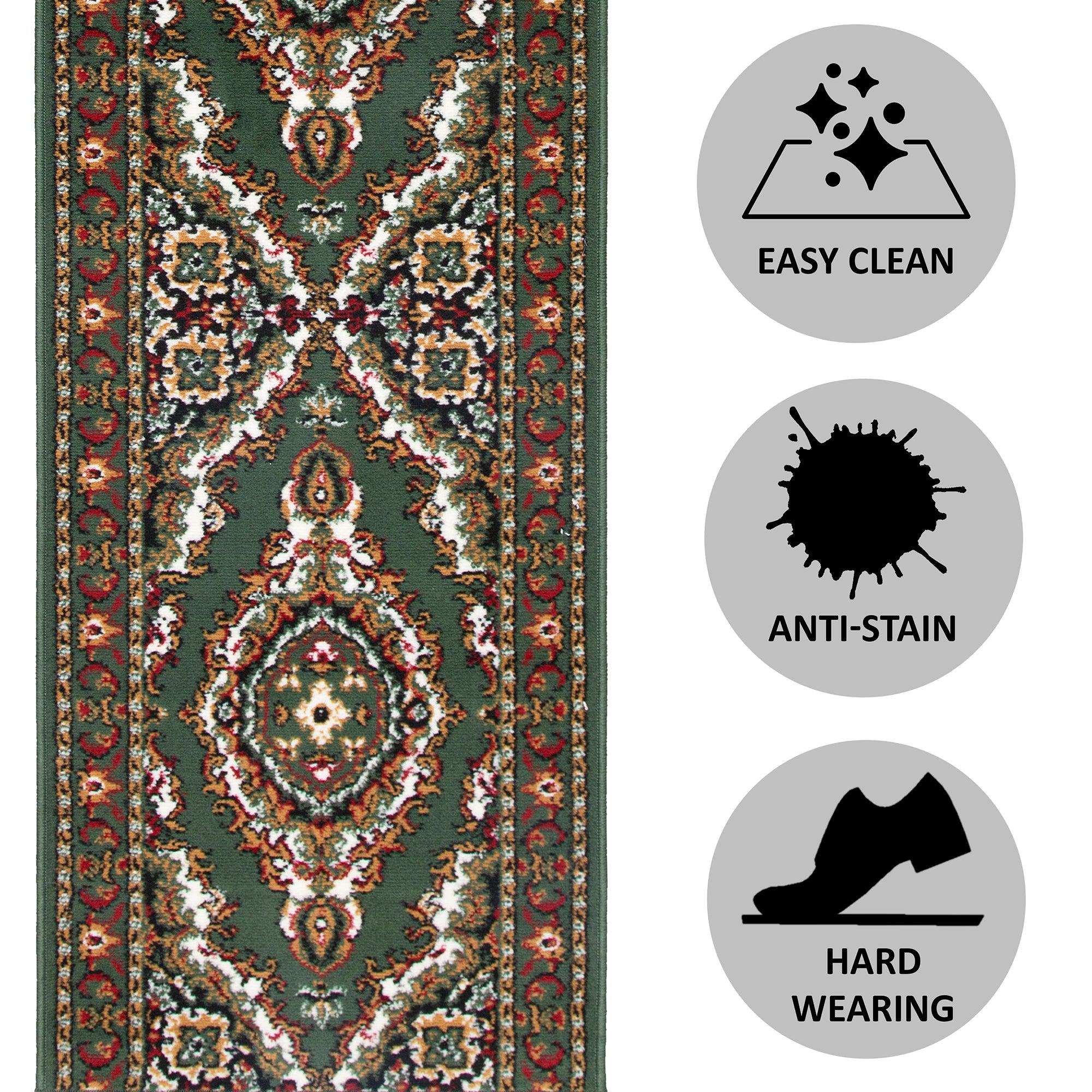 Green Traditional Medallion Stair Runner / Kitchen Mat - Texas (Custom Sizes Available)-5056150268536-Bargainia.com