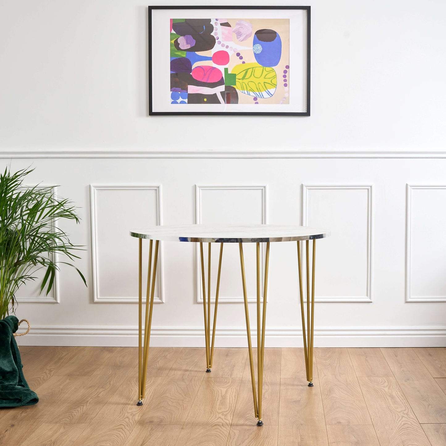 Coffee Table with Wood &amp; Silver Effect and Gold Hairpin Legs - 90cm