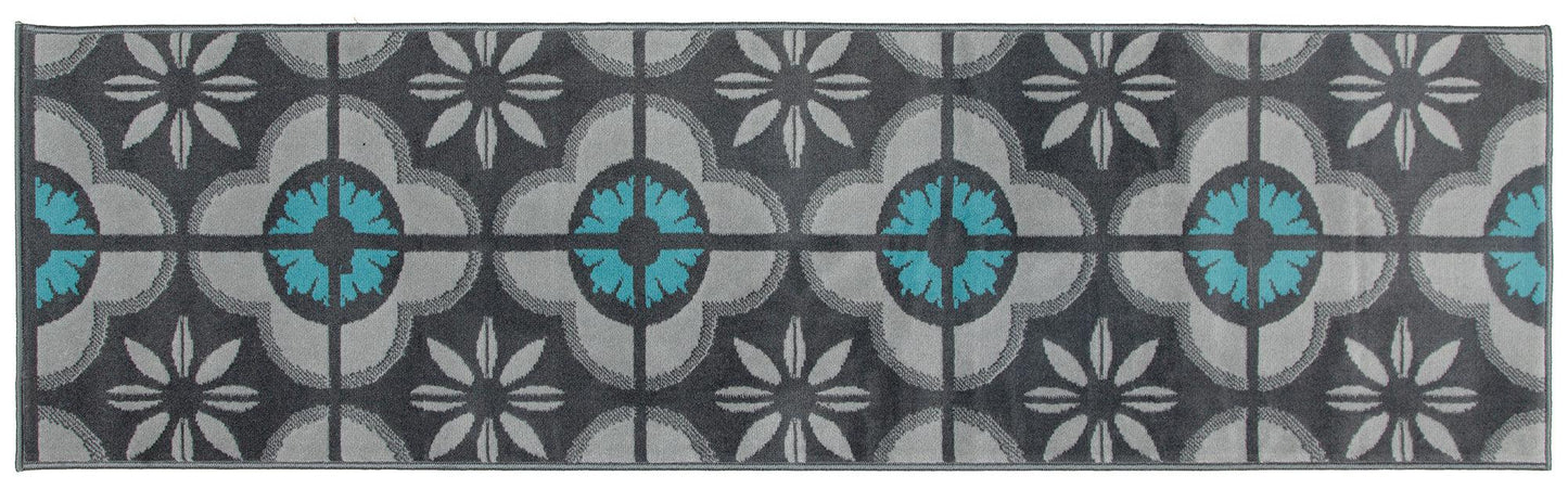 Blue & Grey Floral Tiles Stair Runner / Kitchen Mat - Texas (Custom Sizes Available)-5056150271550-Bargainia.com