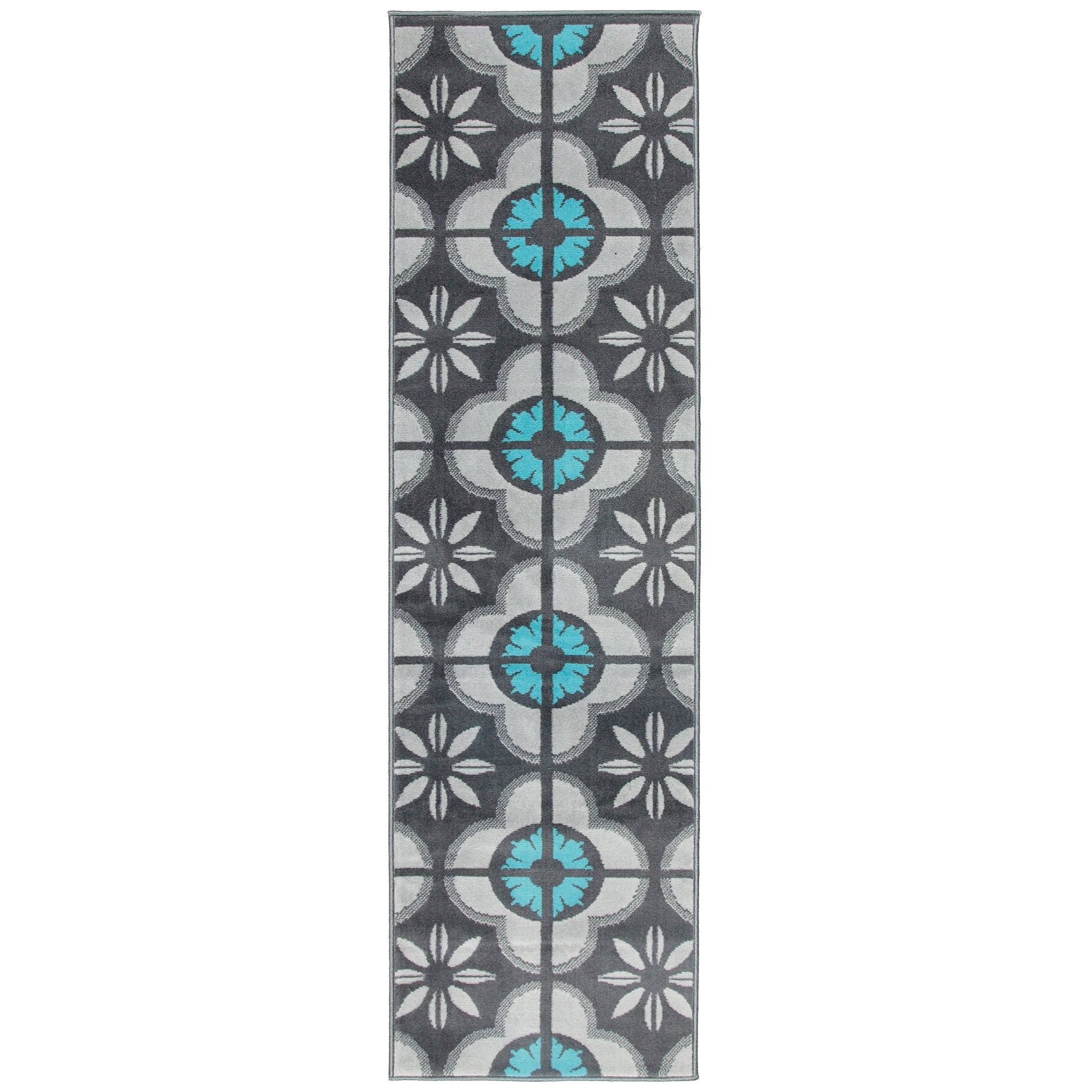 Blue & Grey Floral Tiles Stair Runner / Kitchen Mat - Texas (Custom Sizes Available)-5056150271550-Bargainia.com