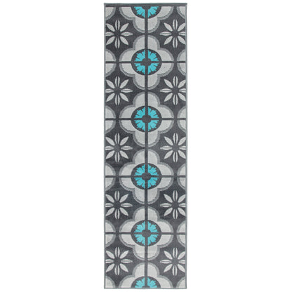 Blue & Grey Floral Tiles Stair Runner / Kitchen Mat - Texas (Custom Sizes Available)-5056150271550-Bargainia.com