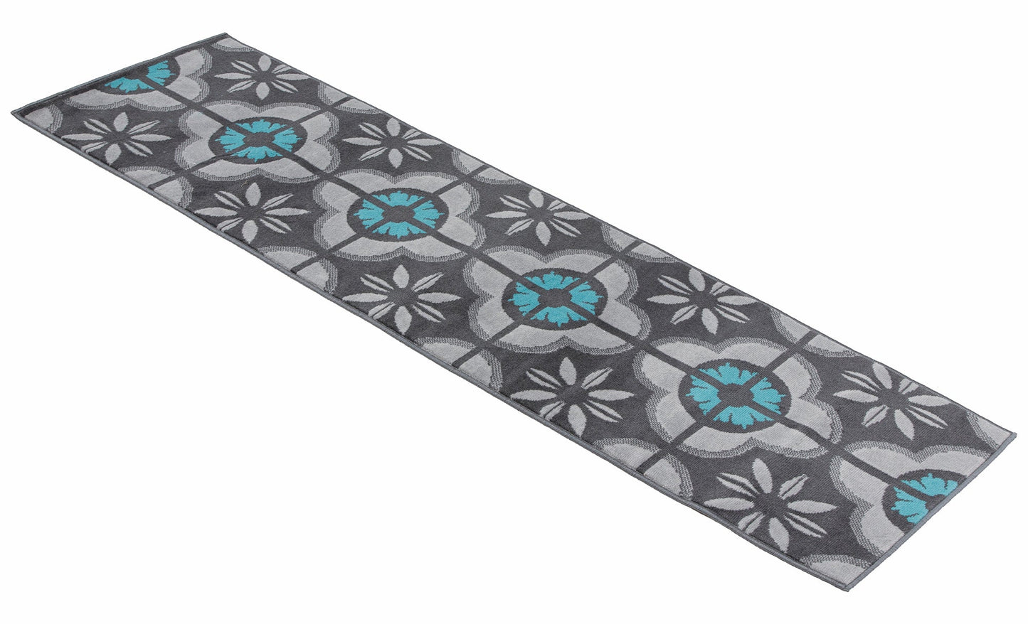 Blue & Grey Floral Tiles Stair Runner / Kitchen Mat - Texas (Custom Sizes Available)-5056150271550-Bargainia.com