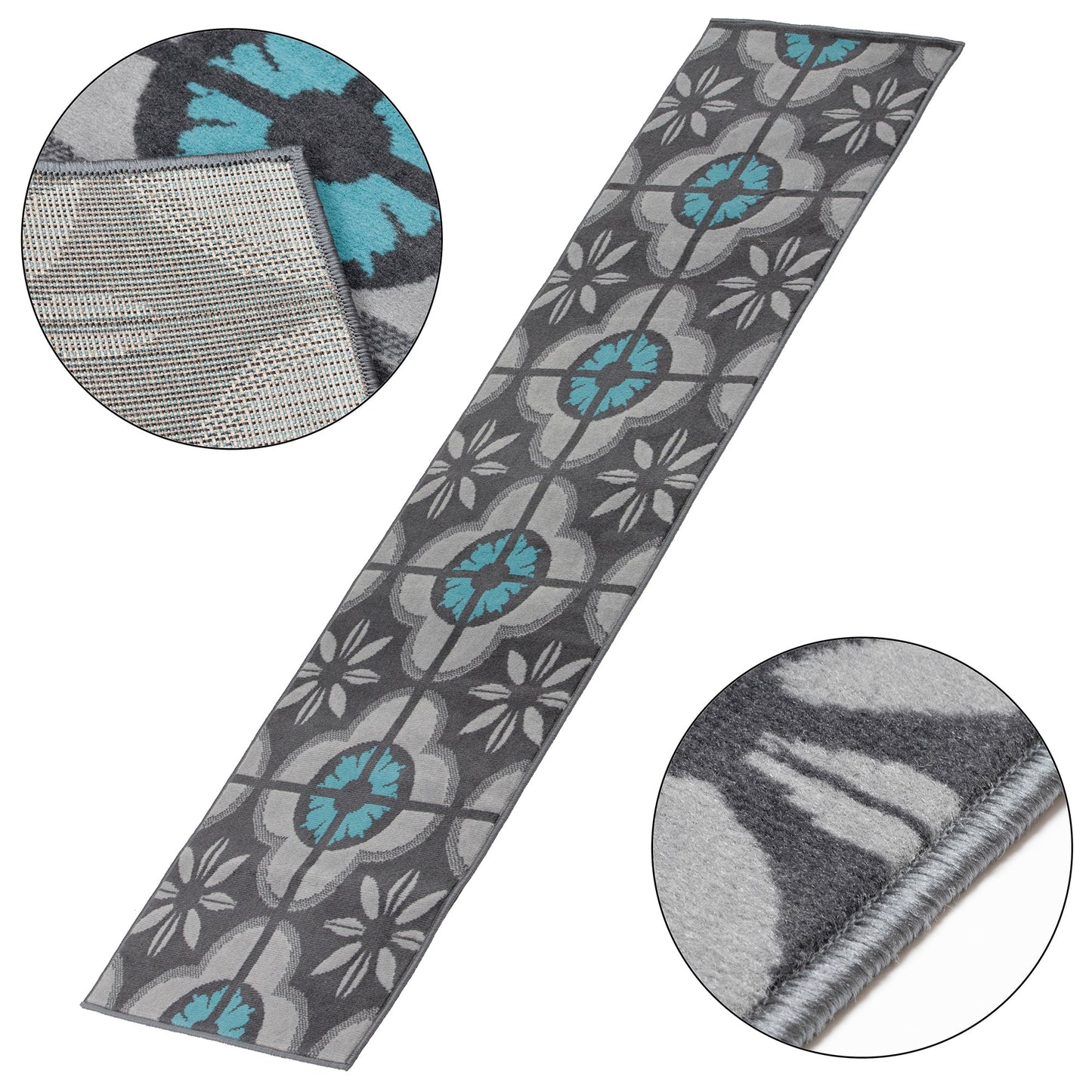 Blue & Grey Floral Tiles Stair Runner / Kitchen Mat - Texas (Custom Sizes Available)-5056150271550-Bargainia.com