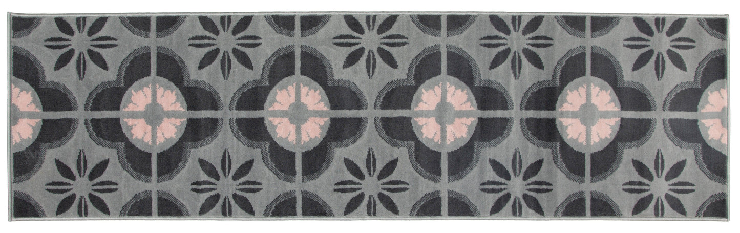 Pink & Grey Floral Tiles Stair Runner / Kitchen Mat - Texas (Custom Sizes Available)-5056150271437-Bargainia.com