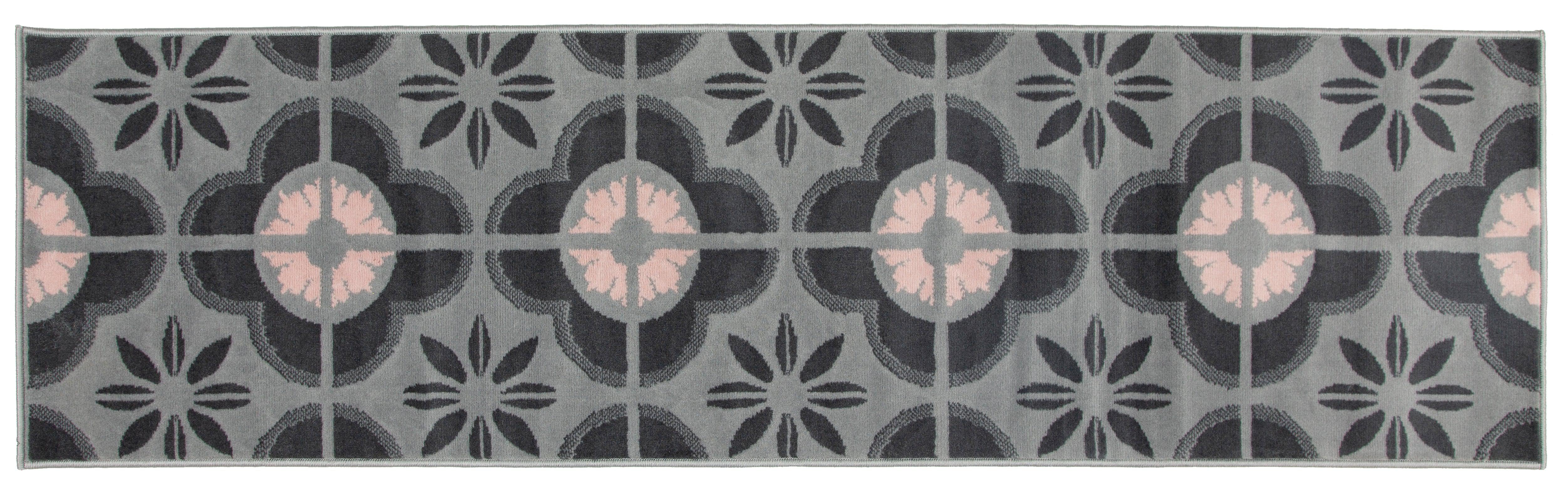 Pink & Grey Floral Tiles Stair Runner / Kitchen Mat - Texas (Custom Sizes Available)-5056150271437-Bargainia.com