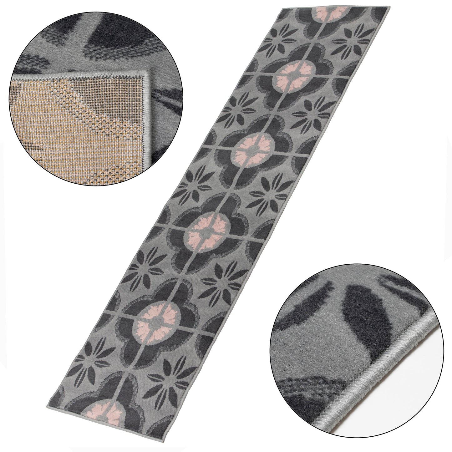 Pink & Grey Floral Tiles Stair Runner / Kitchen Mat - Texas (Custom Sizes Available)-5056150271437-Bargainia.com