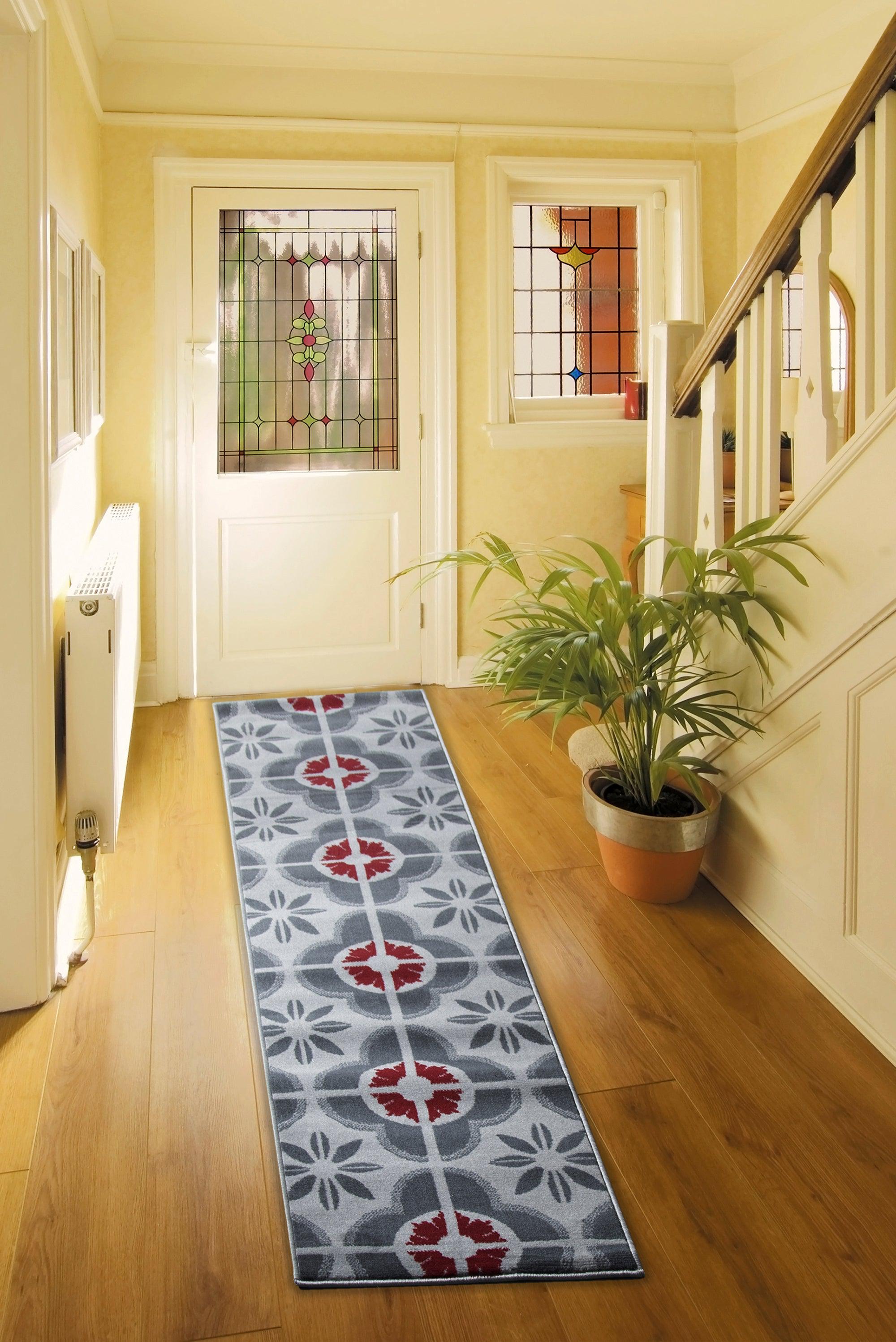 Red & Grey Floral Tiles Stair Runner / Kitchen Mat - Texas (Custom Sizes Available)-5056150271314-Bargainia.com