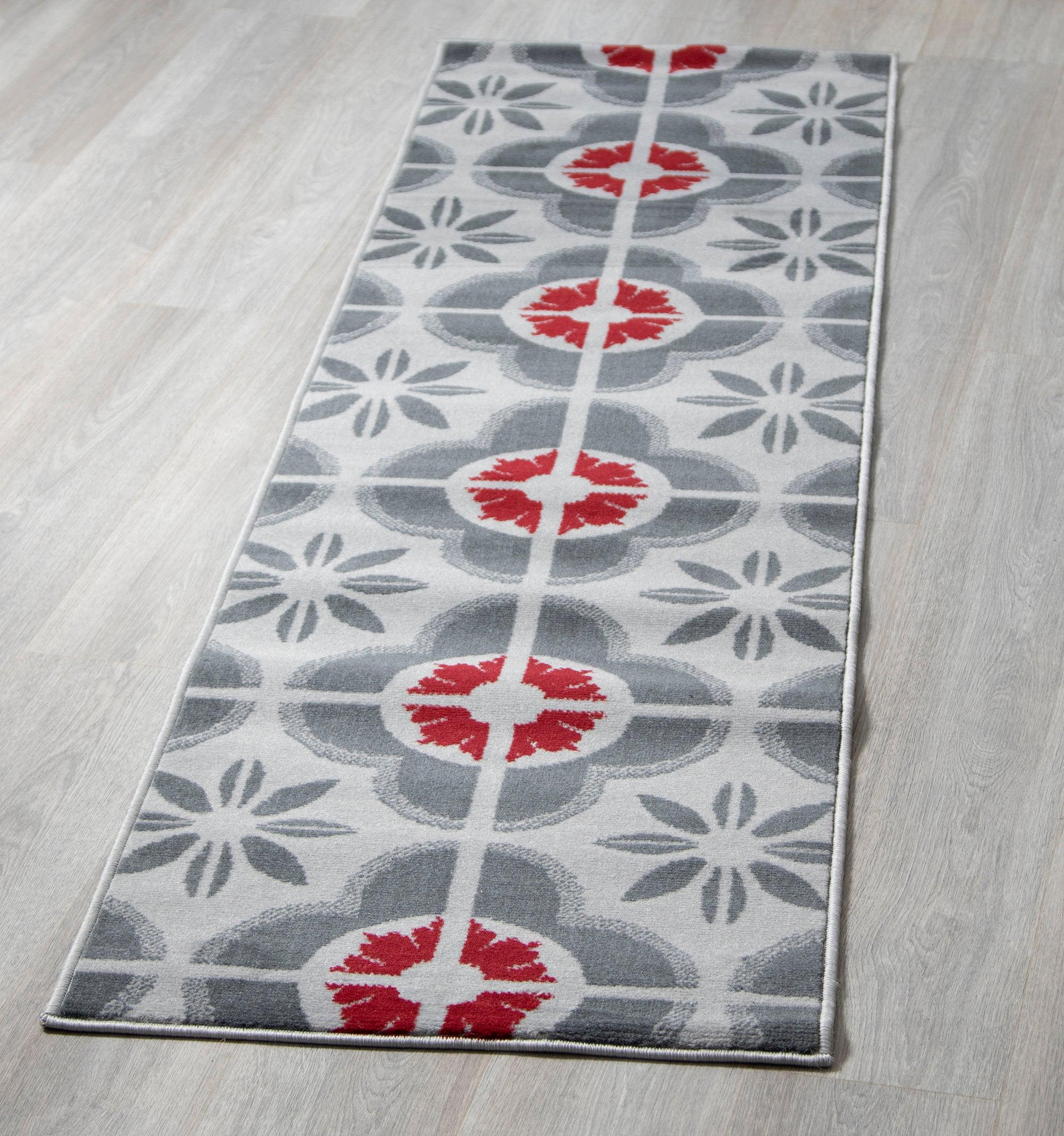 Red & Grey Floral Tiles Stair Runner / Kitchen Mat - Texas (Custom Sizes Available)-5056150271314-Bargainia.com