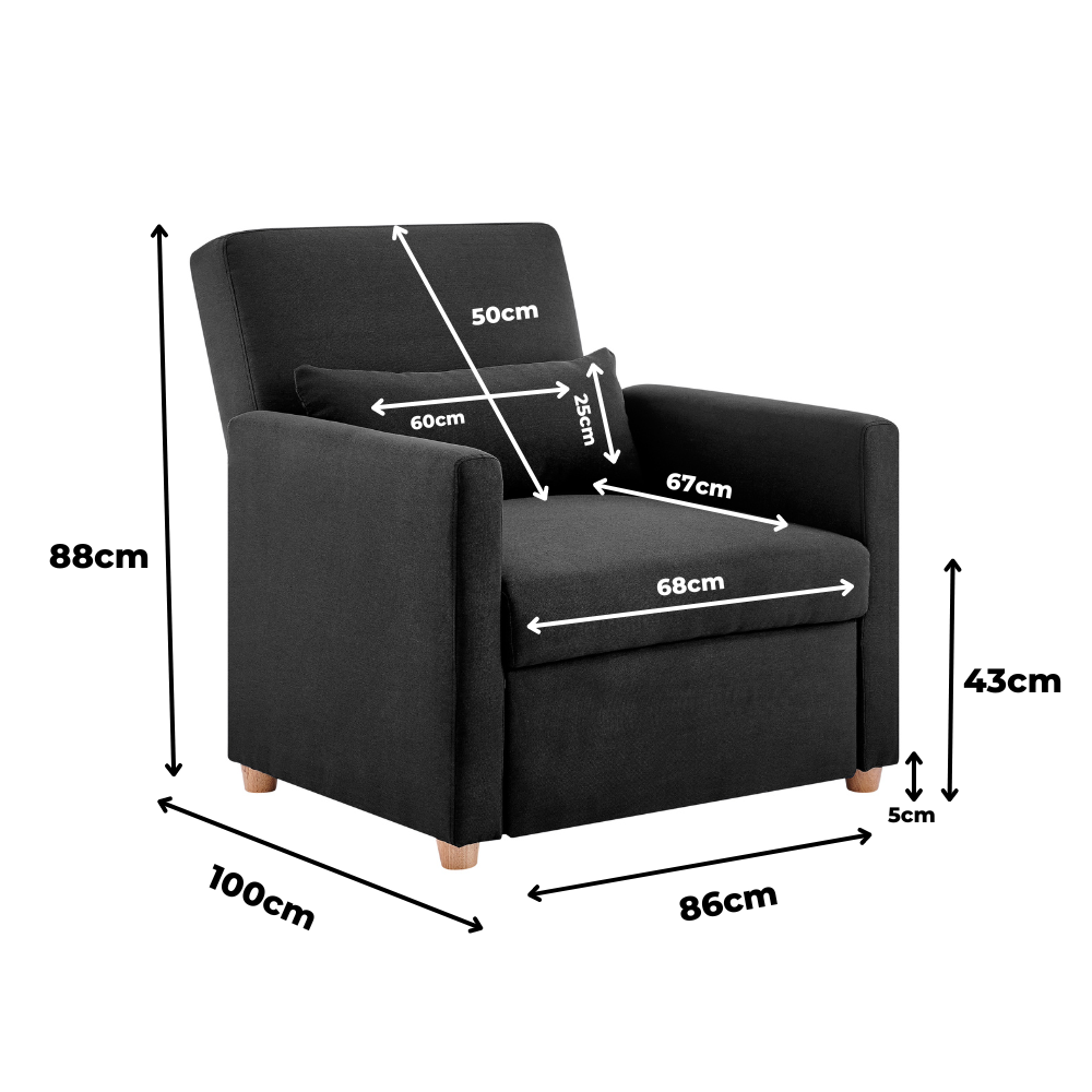 Dahlia Pull Out 1 Seater Single Armchair Bed - Black-Bargainia.com