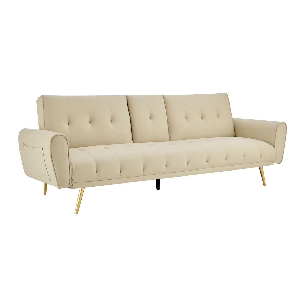 Lora 3 Seater Faux Leather Click Clack Sofa Bed with 2 Cup Holders - Beige-5056536103901-Bargainia.com