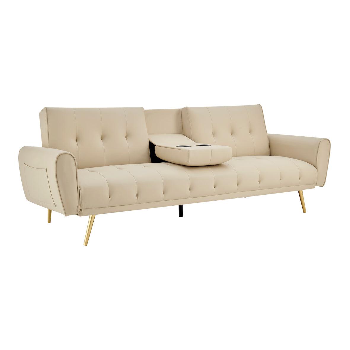 Lora 3 Seater Faux Leather Click Clack Sofa Bed with 2 Cup Holders - Beige-5056536103901-Bargainia.com