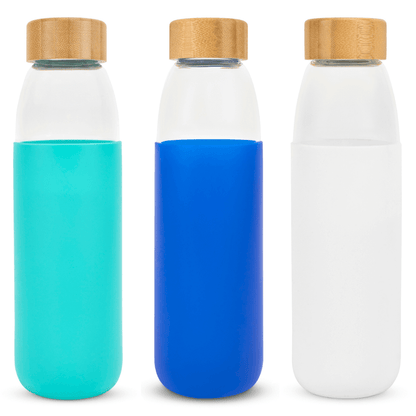 Glass Water Bottle with Bamboo Lid & Coloured Silicone Sleeve 540ml Assorted Colours-Bargainia.com