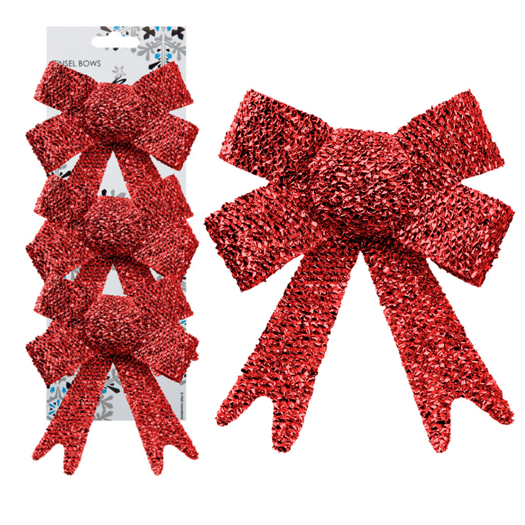 Christmas Tinsel Bow Red Glitter 3 Pack 10cm