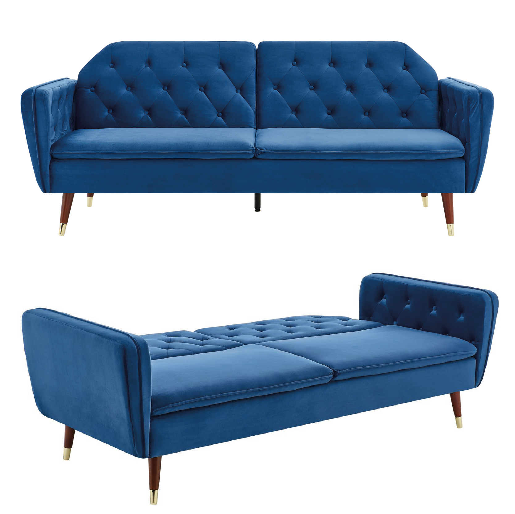 Victoria 3 Seater Velvet Click Clack Sofa Bed - Blue-5056150263630-Bargainia.com