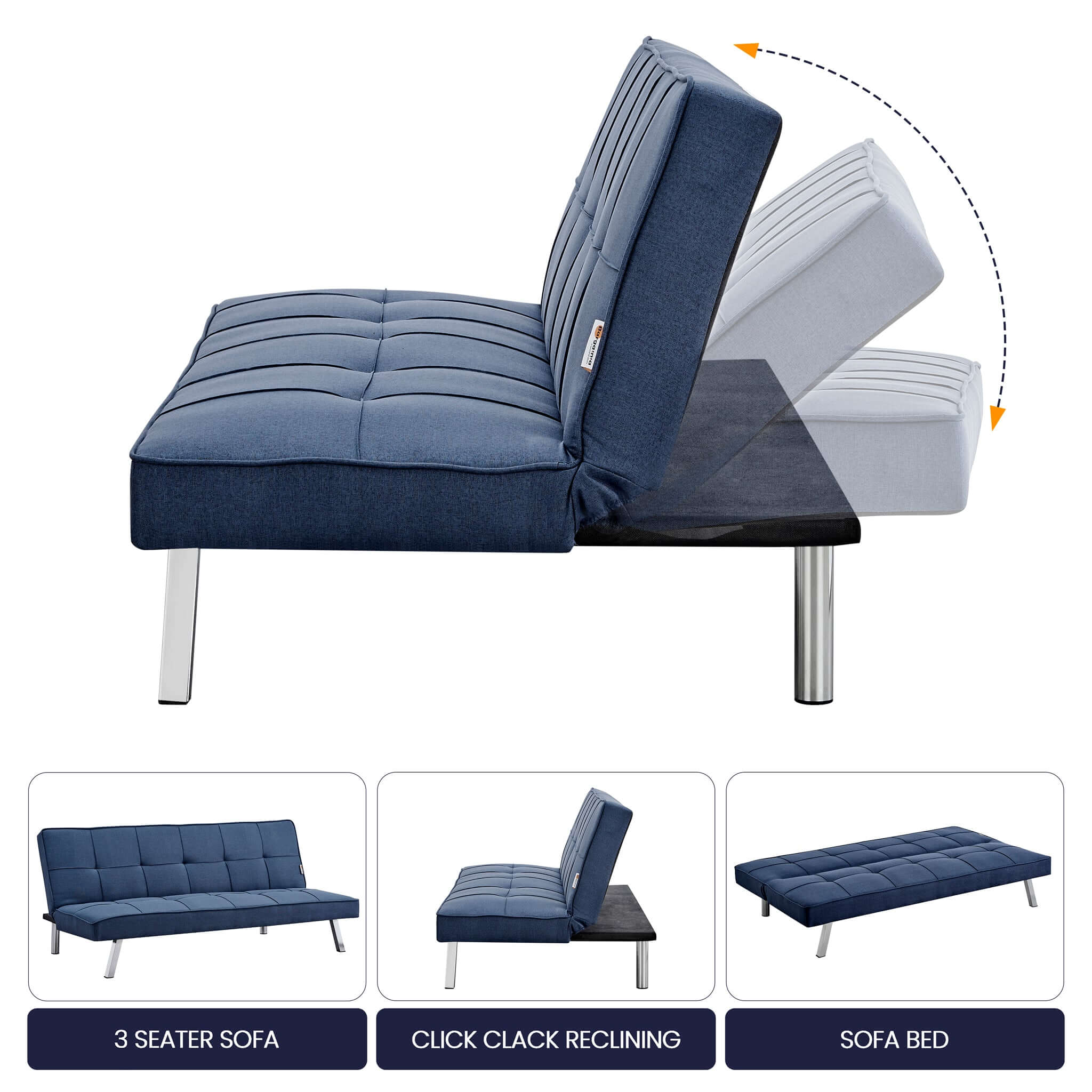 Britney Essentials 3 Seater Click Clack Sofa Bed - Navy Blue-Bargainia.com