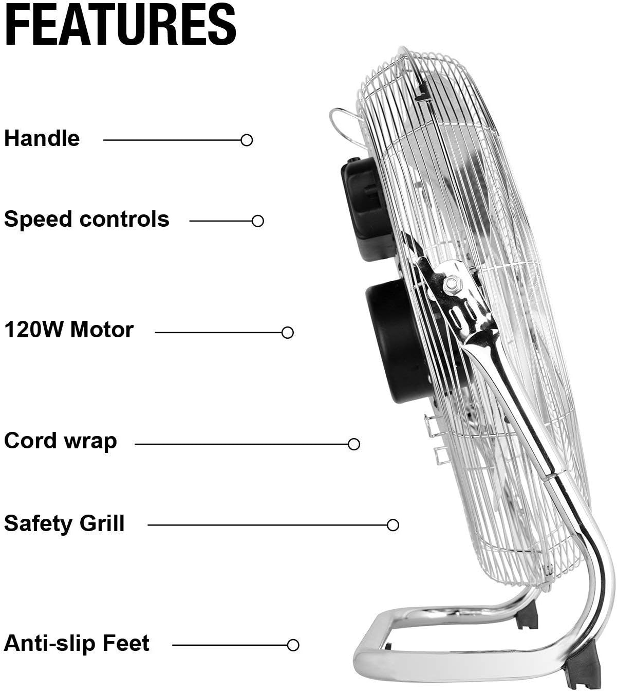 Chrome High Speed Floor Fan - 12" - 20" - 3 Speed Settings-Bargainia.com