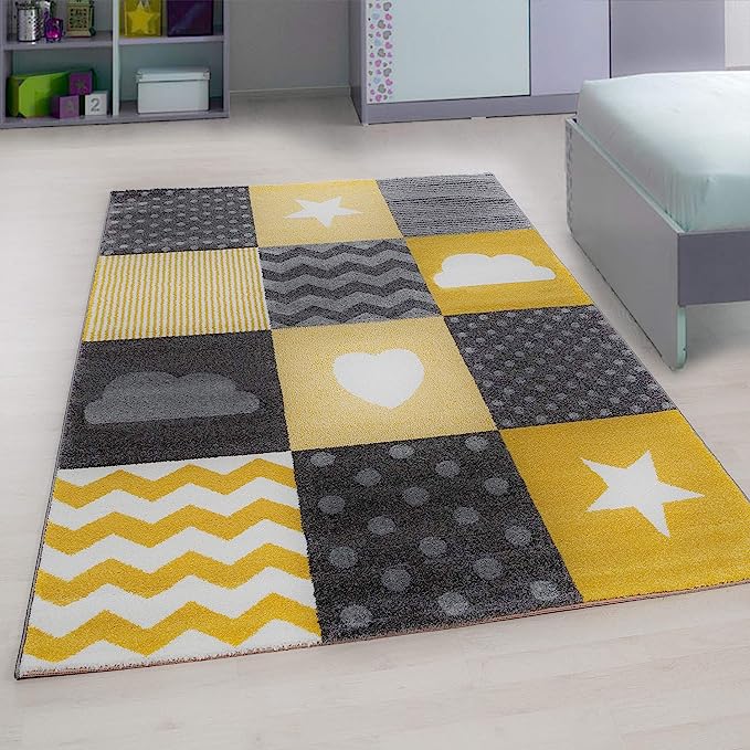 Yellow and Grey Checked Rug - Kids-4058819079904-Bargainia.com