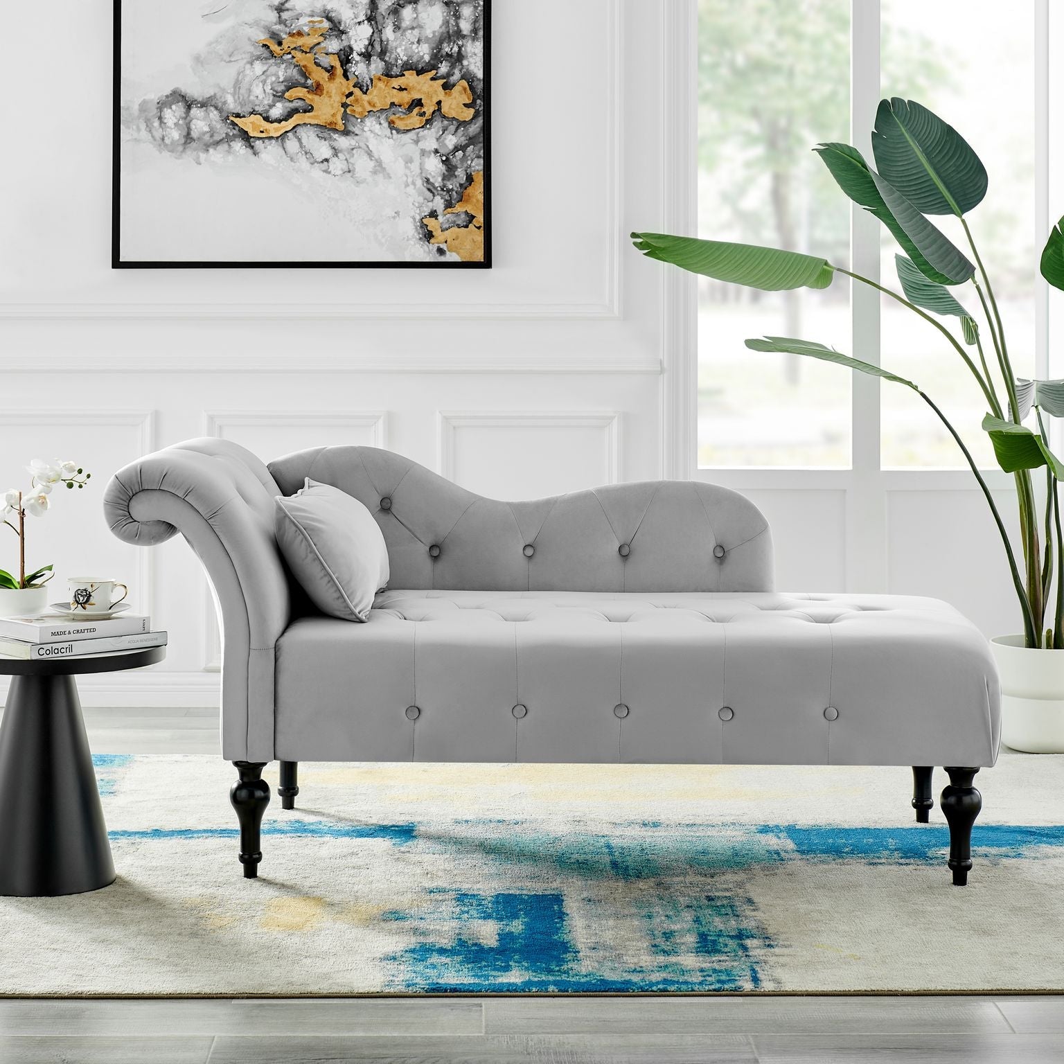 Chaise Velvet Lounge Sofa with Wooden Legs - Light Grey-5056536103178-Bargainia.com