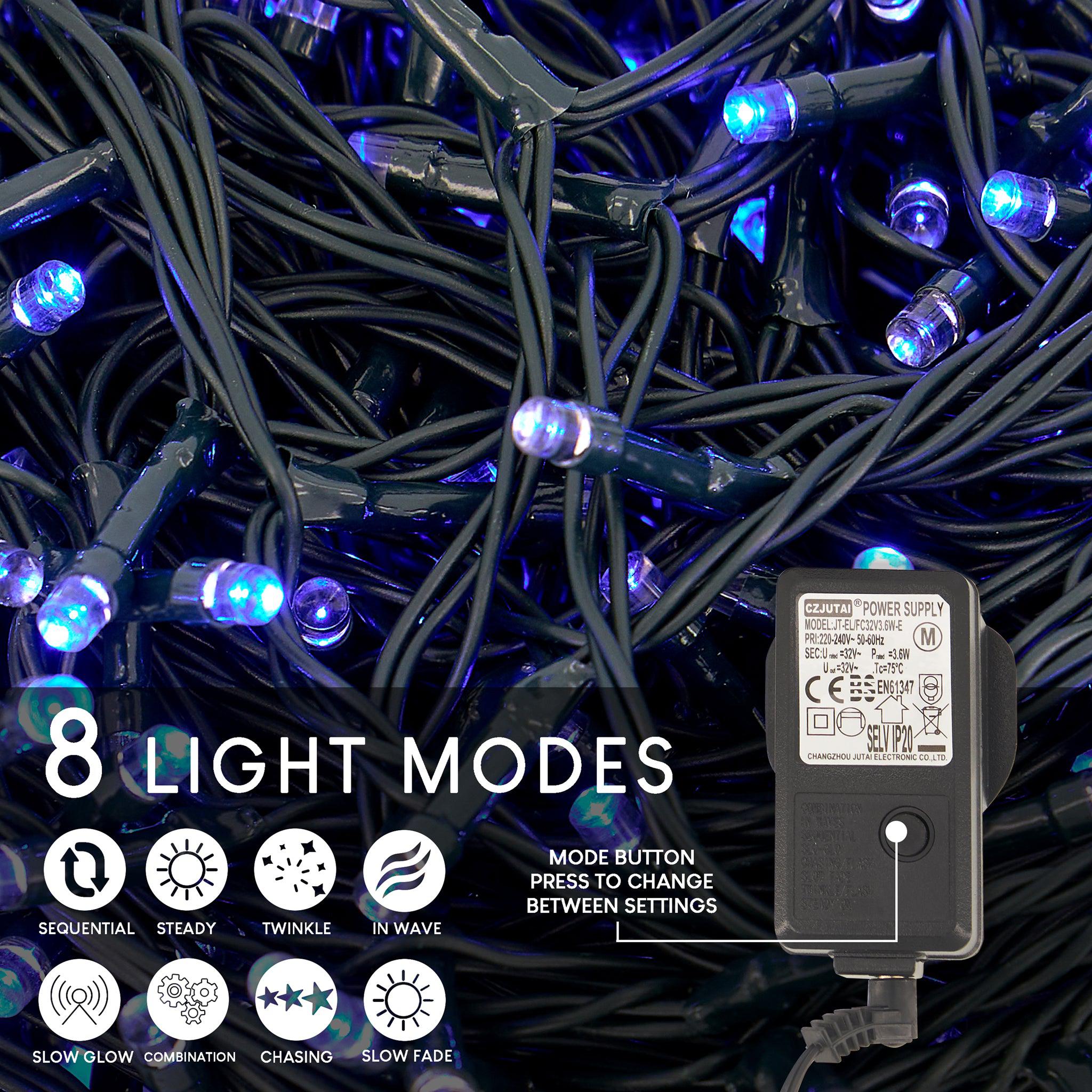 Indoor/Outdoor 8 Function LED Waterproof Fairy Lights with Green Cable (400) - Blue-8800225809639-Bargainia.com