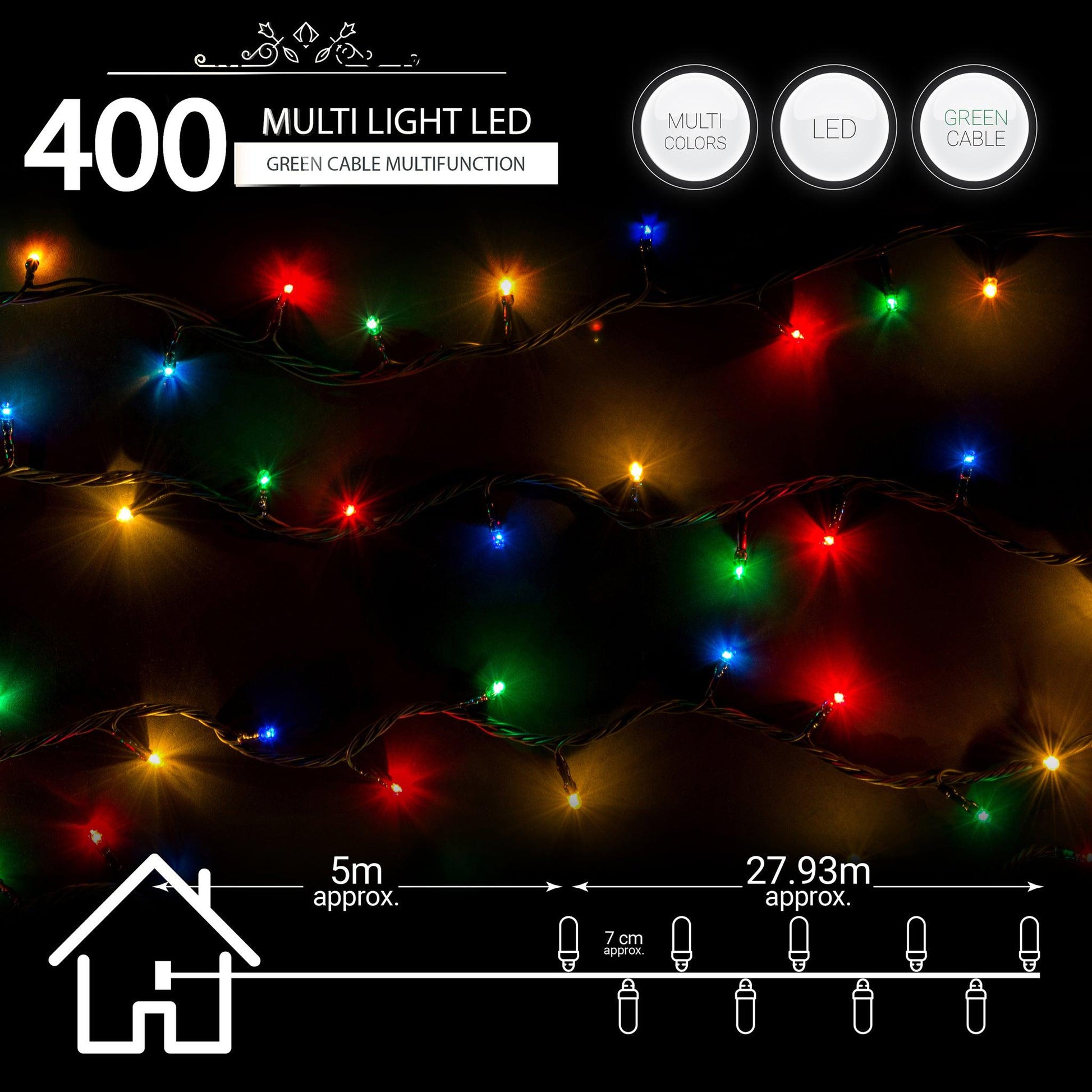 Indoor/Outdoor 8 Function LED Waterproof Fairy Lights with Green Cable (400) - Multicoloured-8800225810079-Bargainia.com