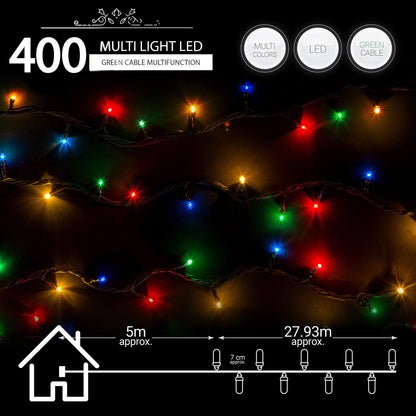 Indoor/Outdoor 8 Function LED Waterproof Fairy Lights with Green Cable (400) - Multicoloured-8800225810079-Bargainia.com