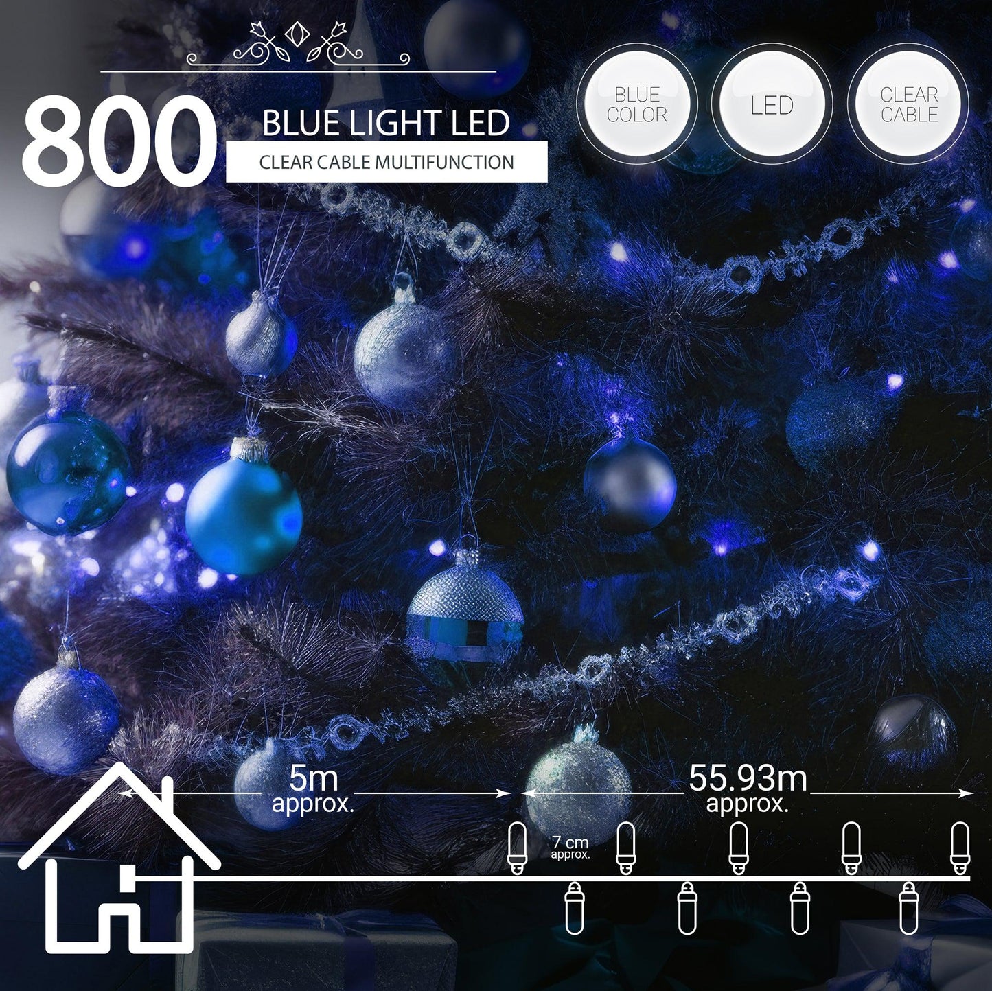 Indoor/Outdoor 8 Function LED Waterproof Fairy Lights with Clear Cable (800) - Blue-8800225811359-Bargainia.com