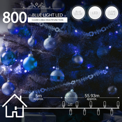 Indoor/Outdoor 8 Function LED Waterproof Fairy Lights with Clear Cable (800) - Blue-8800225811359-Bargainia.com