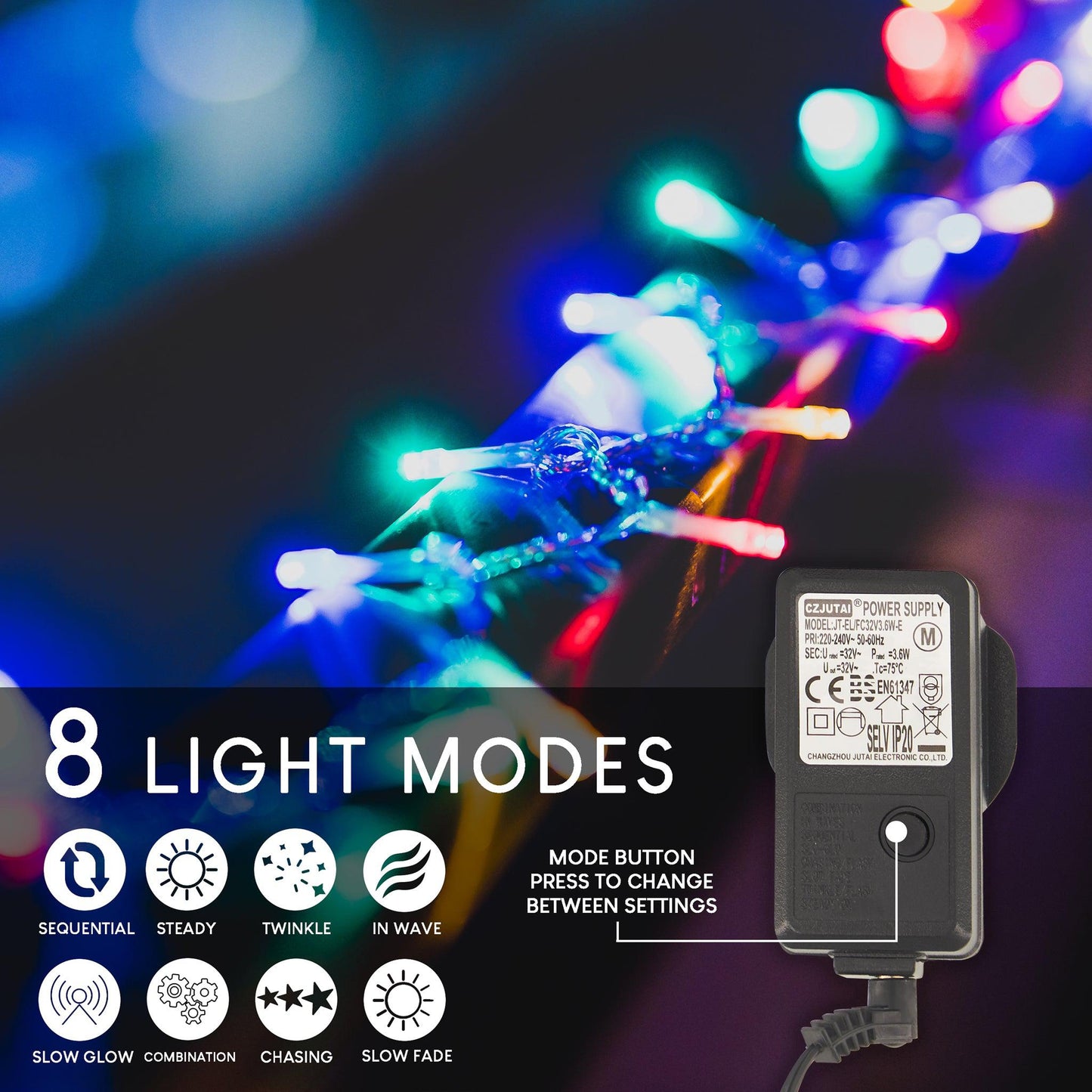 Indoor/Outdoor 8 Function LED Waterproof Fairy Lights with Clear Cable (800) - Multicoloured-8800225811779-Bargainia.com