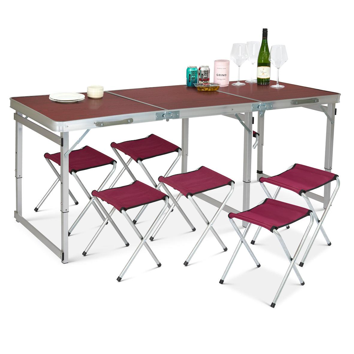 Camping Folding Table with 6 Chairs - Red Oak-Bargainia.com