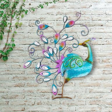 Metal Mirrored Peacock Hand Painted Wall Art - 60cm-5056150250647-Bargainia.com