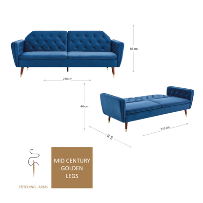 Victoria 3 Seater Velvet Click Clack Sofa Bed - Blue-5056150263630-Bargainia.com