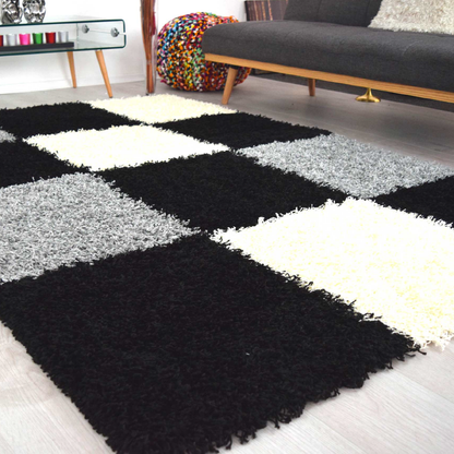 Black and White Checked Shaggy Rug | Shag Pile Rug-Bargainia.com