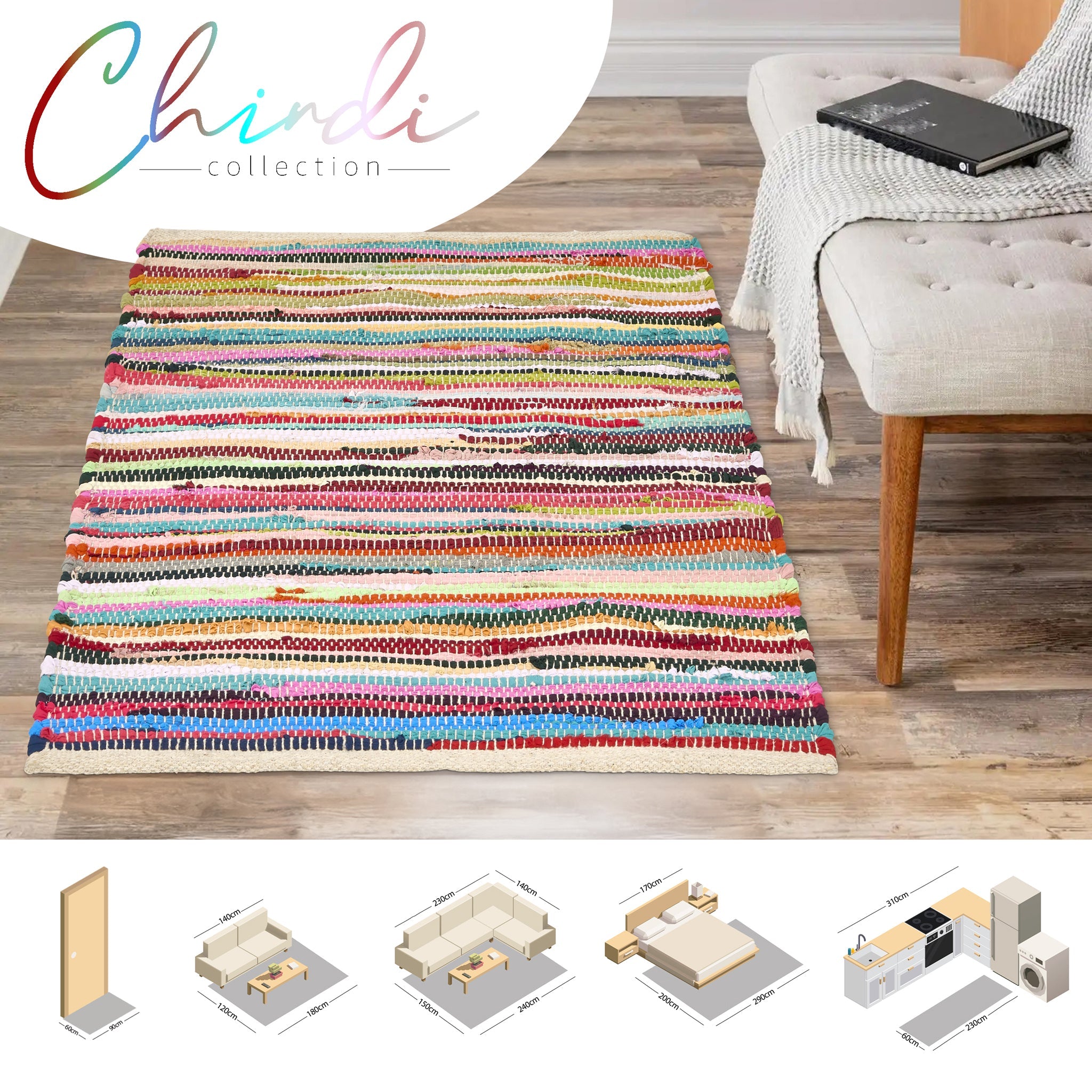 Chindi Handwoven Multi Coloured Recycled Rag Rug