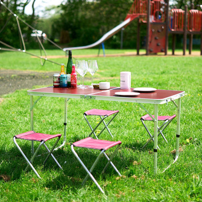 Folding Picnic Table with 4 Stools - Red Oak-Bargainia.com