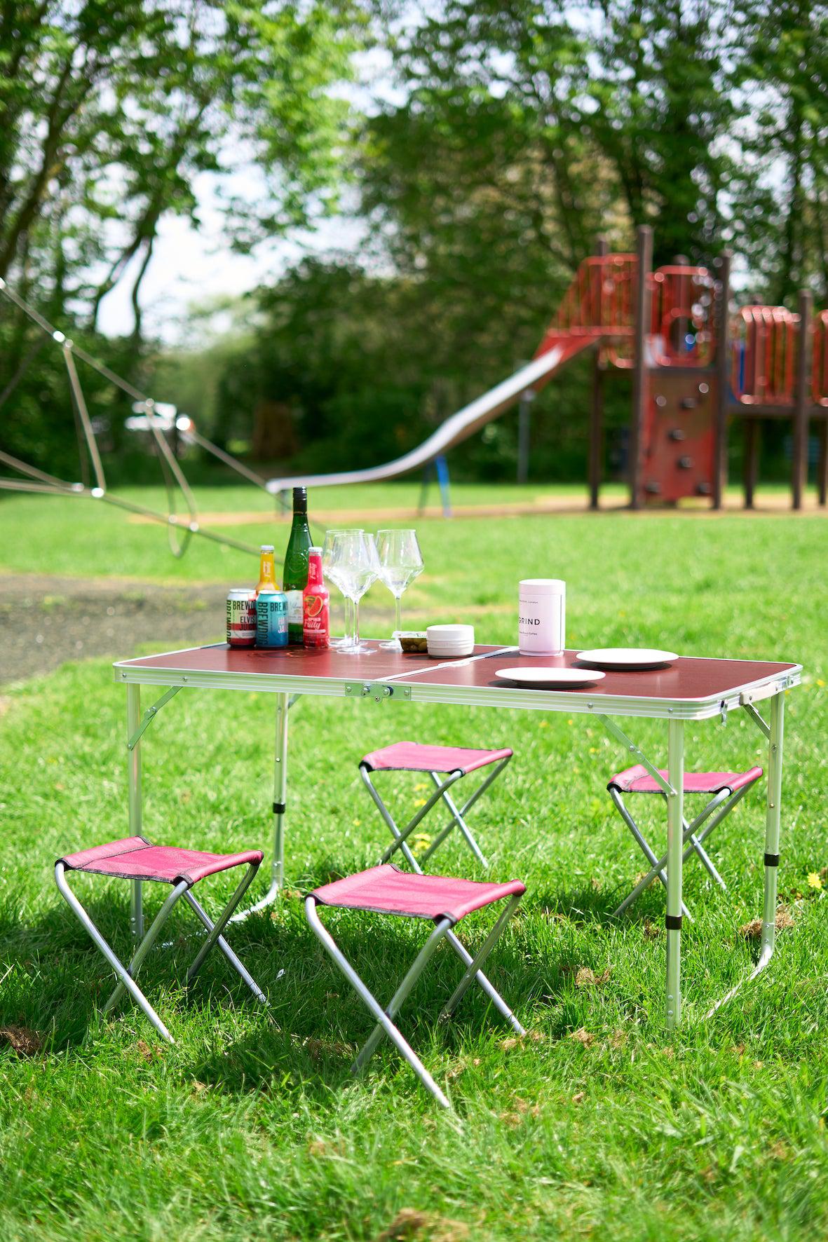 Folding Picnic Table with 4 Stools - Red Oak-Bargainia.com