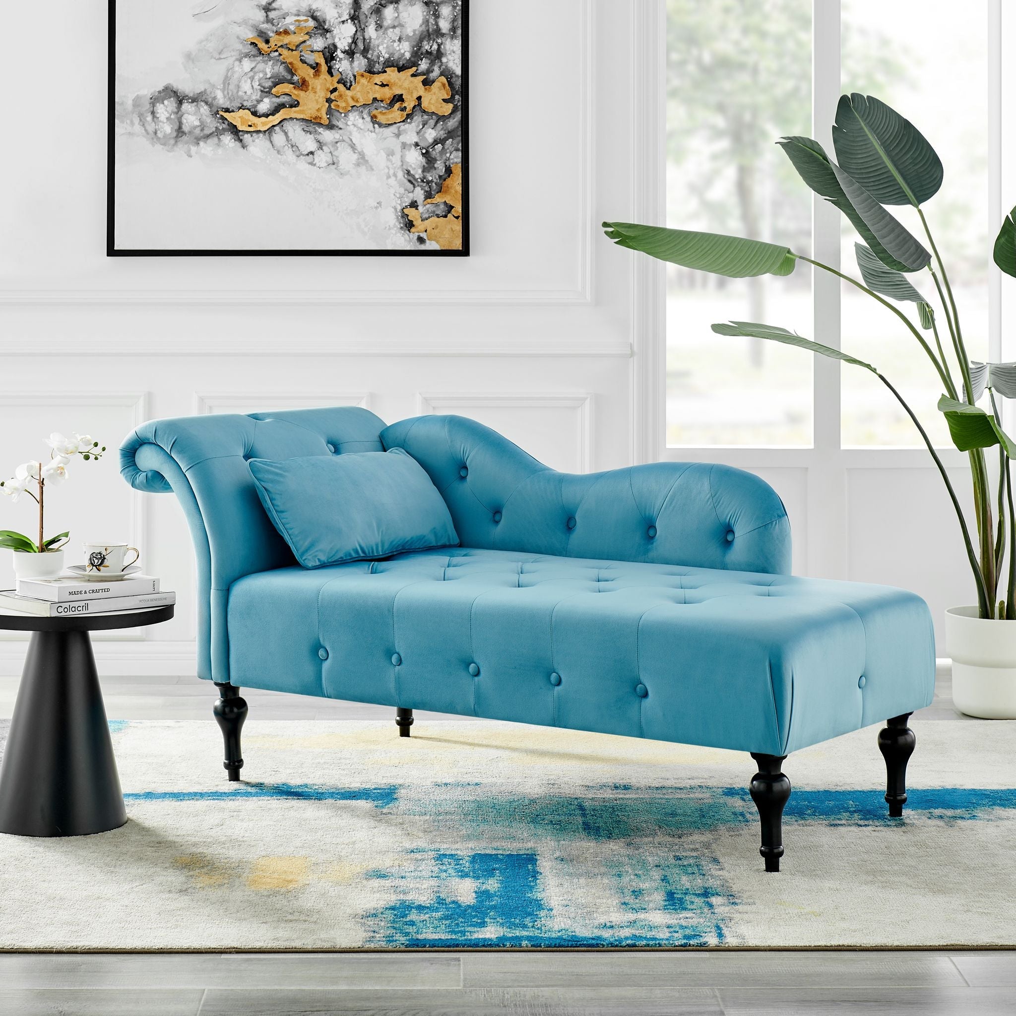 Chaise Velvet Lounge Sofa with Wooden Legs - Blue-5056536103130-Bargainia.com