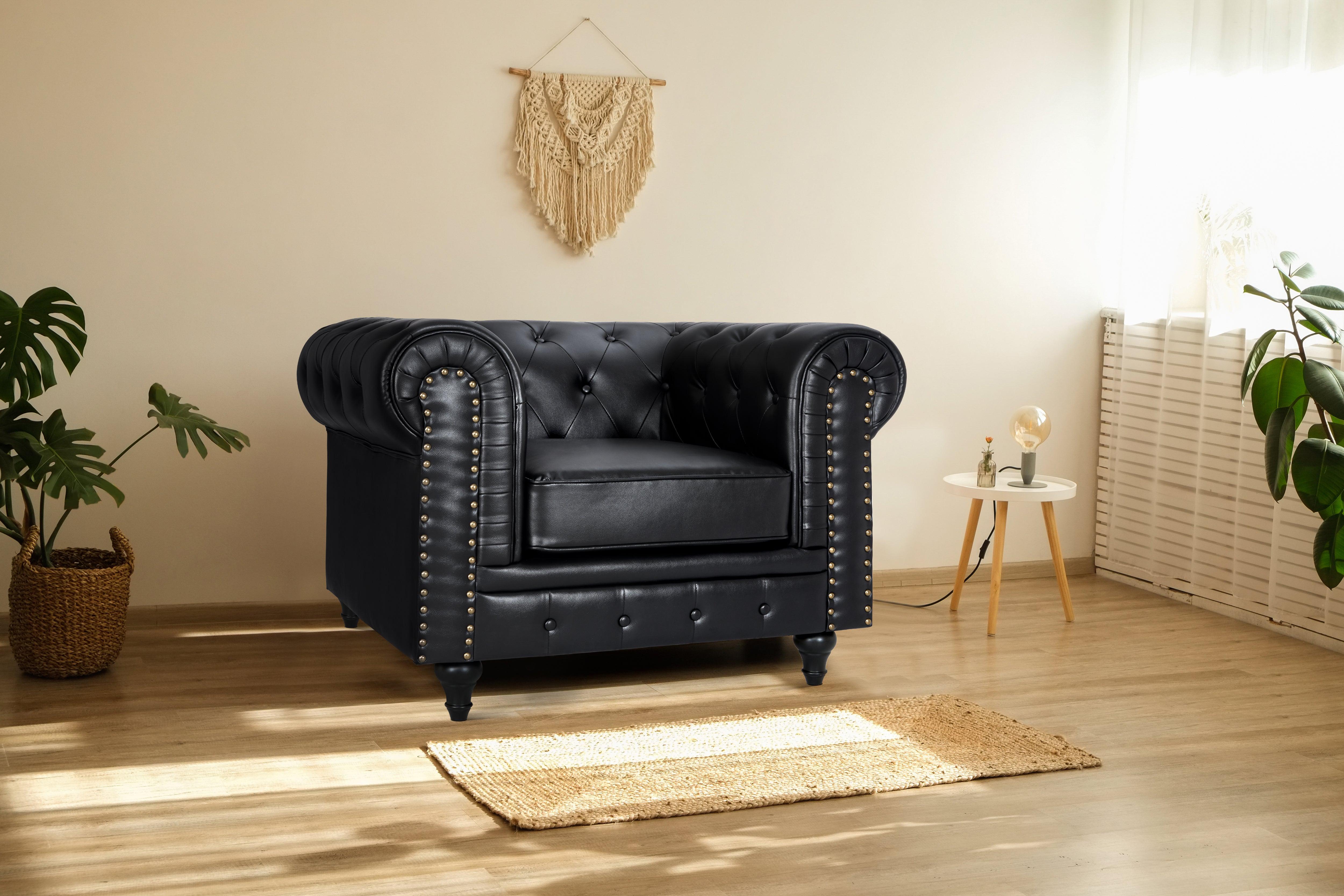 Faux Leather Chesterfield Sofa Suite - Black-5056536103642-Bargainia.com