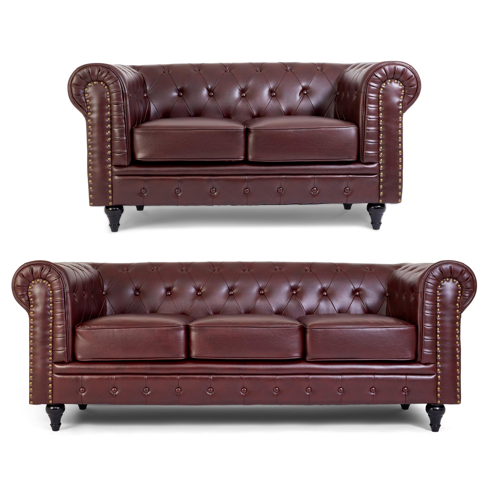 Faux Leather Chesterfield Sofa Suite - Brown-Bargainia.com