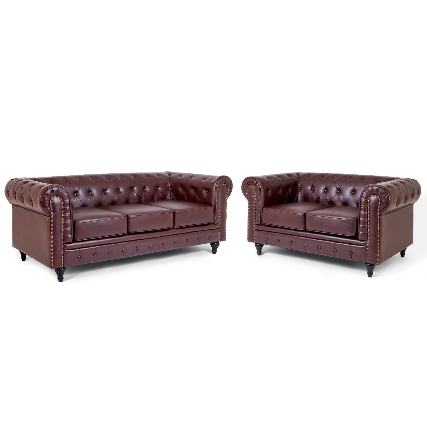 Faux Leather Chesterfield Sofa Suite - Brown-Bargainia.com