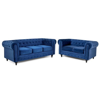 Velvet Chesterfield Sofa Suite - Blue-Bargainia.com