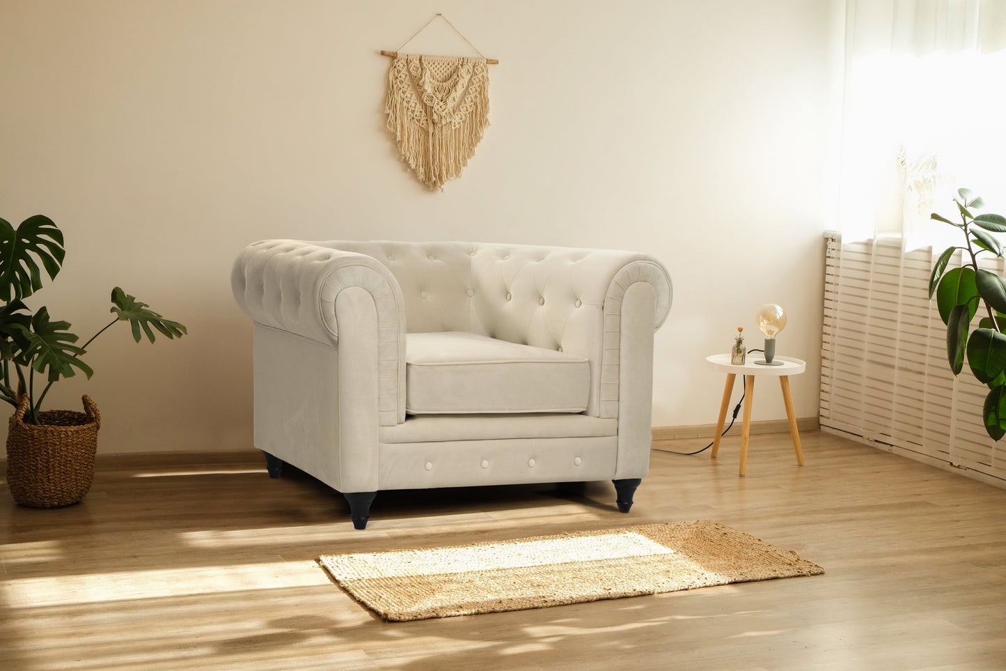 Velvet Chesterfield Sofa Suite - Cream