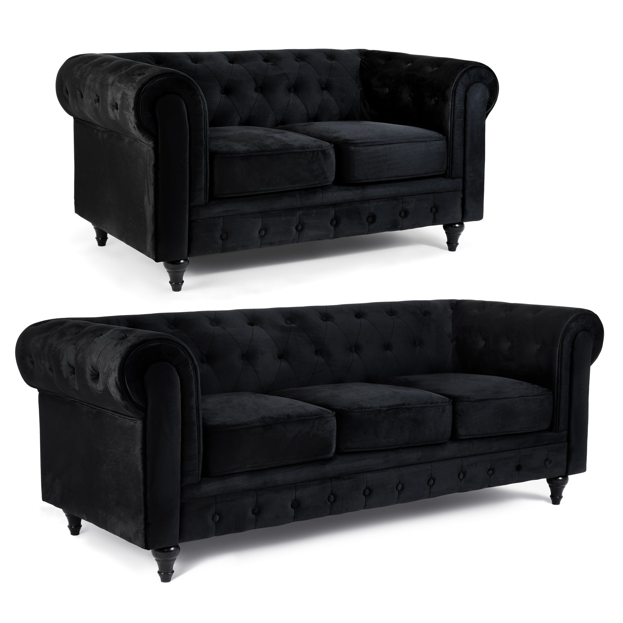 Velvet Chesterfield Sofa Suite - Black-Bargainia.com