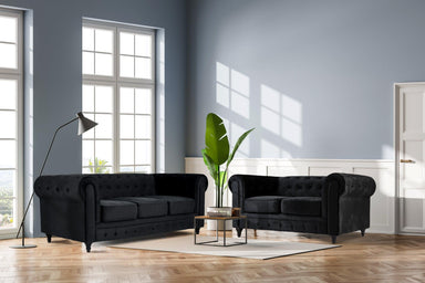 Velvet Chesterfield Sofa Suite - Black-Bargainia.com