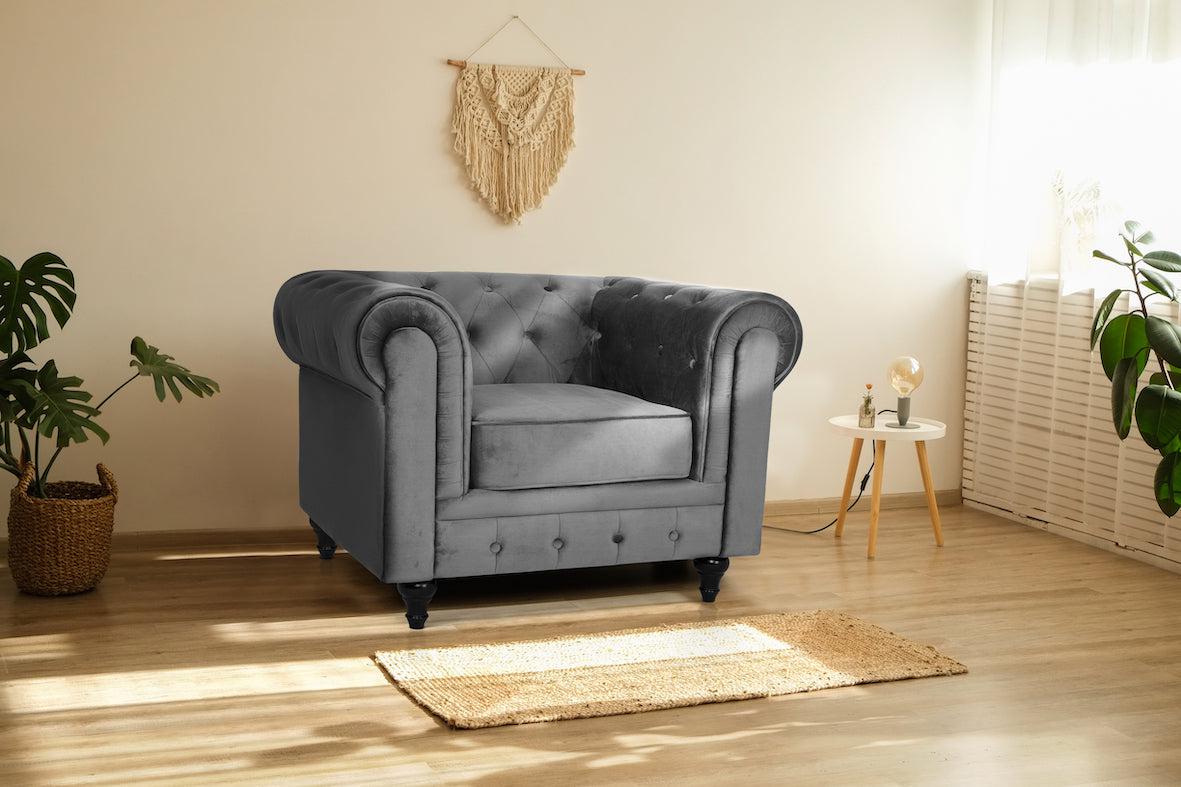 Velvet Chesterfield Sofa Suite - Grey-Bargainia.com